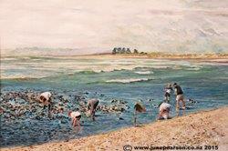 5f - Watercolour - Ross, Gathering  rock oysters NZ