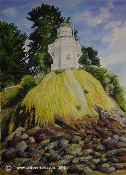 Collage, textured papers - Akaroa Lighthouse NZ